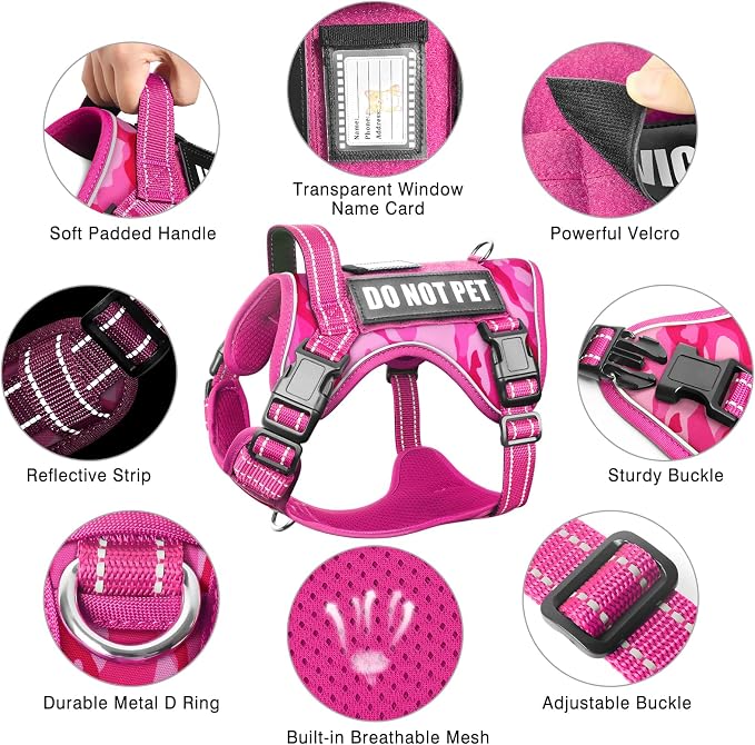 Tactical Dog Harness and Leash Set with 10 Patches for Large Dogs | Heavy Duty No Pull Service Dog Vest with Dog Seat Belt ,Adjustable Reflective Easy Walk for Training Hiking Camo Pink L