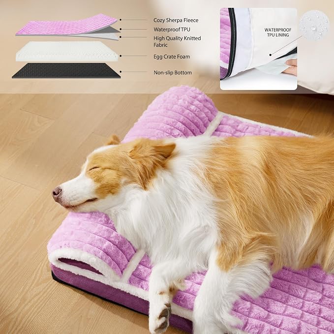 Orthopedic Large Dog Bed Pillow Pet Sofa Bed 36''X24'' Lilac | Egg-Crate Foam Pet Couch Large Sized Dog, Waterproof Removable Washable Cover,Furry Puppy Crate Mat With Nonskid Bottom
