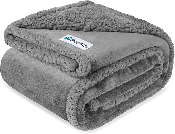 PetAmi Waterproof Dog Blanket for Queen Bed Large XL Dog Throw for Couch Cover Leakproof Furniture Protection, Sherpa Fleece, Reversible Soft Washable 90x90 Light Gray