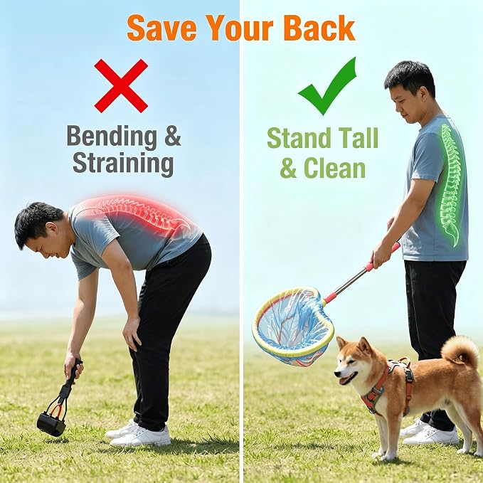 Dog Pooper Scooper with Mesh Net Frame，45 Inch Extendable，Comes with 50 Leak-Proof Waste Bags No Touch No Bending Portable for Small Medium Large Dogs, Perfect for Yard Park Walking and Outdoor Use