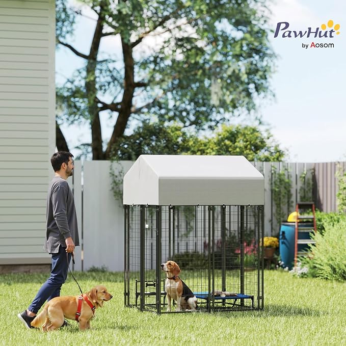 PawHut Outdoor Dog Kennel with Roof, 4' x 4' x 6' Heavy Duty Welded Wire Dog Playpen Enclosure with Escape-Proof Lock, UV-Resistant & Waterproof Cover, for Medium Dogs, Chickens, Ducks, Silver | Heavy Duty Welded Wire Dog Playpen Enclosure, Escape-proo...
