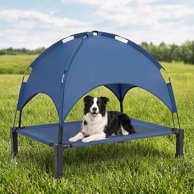 Elevated Dog Bed with Canopy, 42in Raised Pet Cot Large Sized Dog | Outdoor Dog Bed, Removable Sun Shade, Orthopedic, For Medium/Large Dogs up to 70lbs, Breathable Mesh,Camping Beach Backyard
