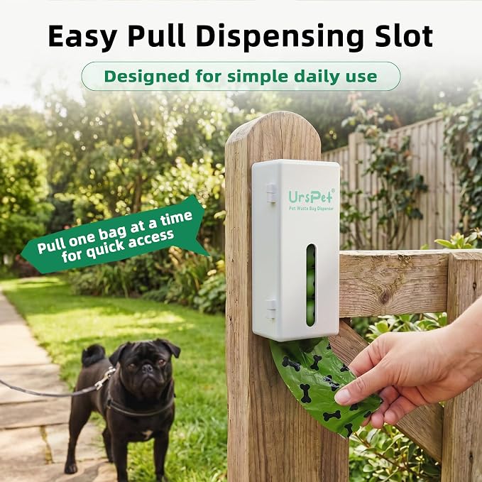 URSPET Dog Poop Bag Dispenser with 4 Rolls, Wall Mount Pet Waste Holder | Stick-On or Screw-On, Viewing Window, Easy Bag Pull, Flip-Top Refill, 60 Bags Included, Indoor and Outdoor Use