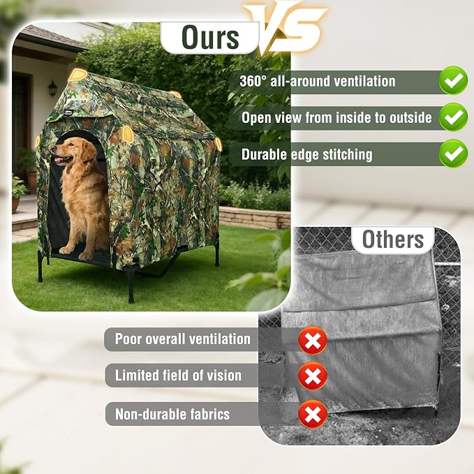 Privacy Outdoor Dog House & Elevated Bed 2-in-1, UPF50+ Sun Rain Protection, Breathable Camping Pet Tent with Cover, Portable for Indoor & Backyard Use（M）
