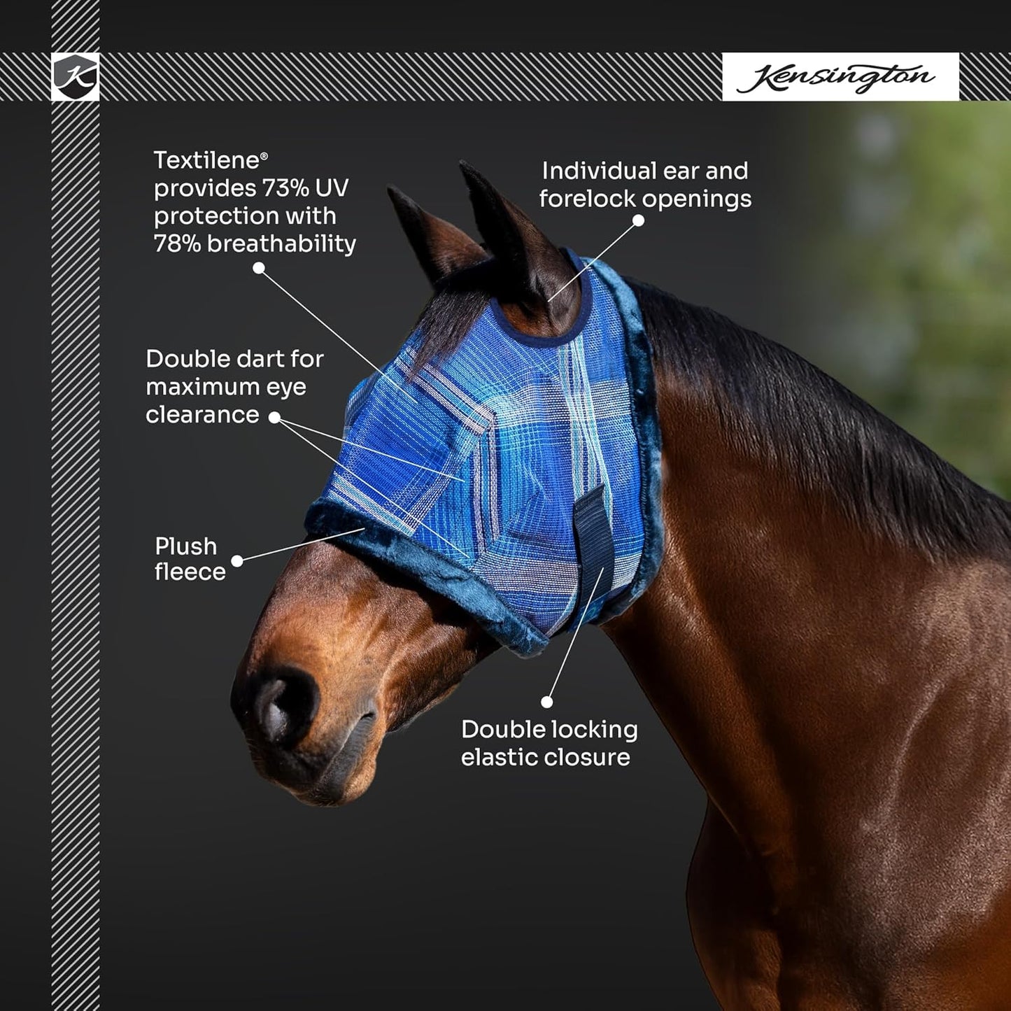 Kensington UV Fly Mask with Fleece Trim - Protective Mask with Dual Ear Opening & Forelock Freedom - XLarge, Deluxe Black