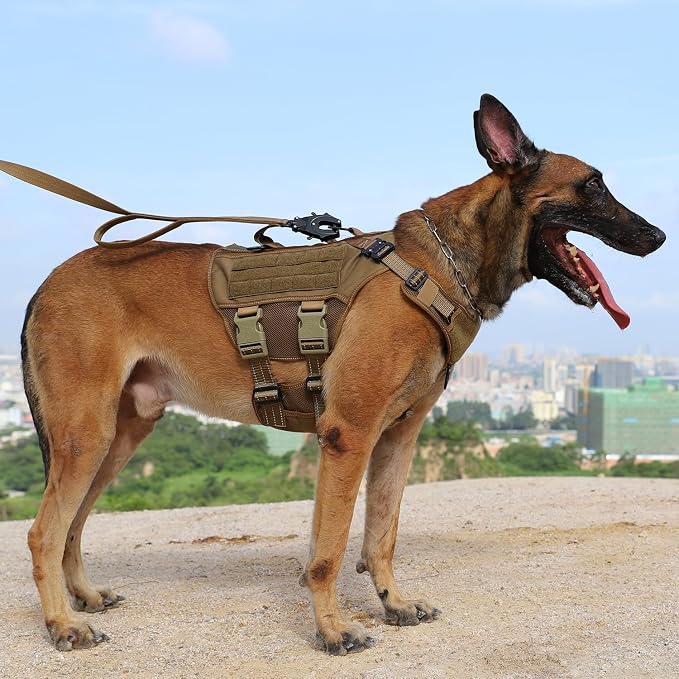 ICEFANG Tactical Mesh Dog Harness X-Large Dogs,Reflective Dog Molle Vest | Summer-Cooling, Control Handle,Adjustable,Front Hook,3 Leash Clips,Soft Padded,No Pull,Brown,X-Large