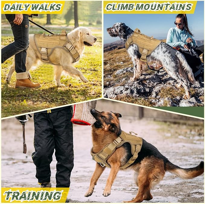 WINGOIN Tactical Dog Harness for Large Dogs,Heavy Duty No Pull Dog Harness | with Handle,Adjustable Reflective,Khaki Military K9 Style,Big Size Dog Vest,for German Shepherd,for Walking Hunting