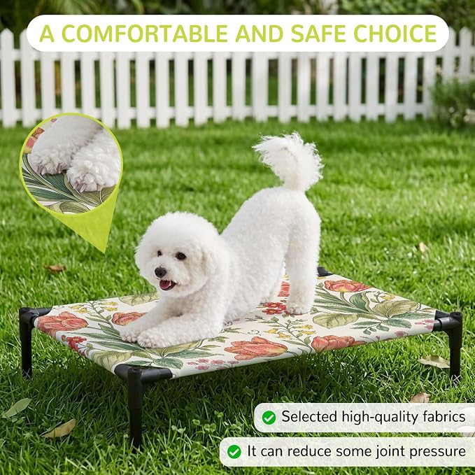 Outdoor Elevated Dog Bed for Medium Dogs, Botanical Tulip Breathable Cooling Raised Dog Cot for Indoor/Outdoor, Farmhouse Vines Floral Summer Plants Waterproof Elevated Pet Beds, M 24 x 20 in