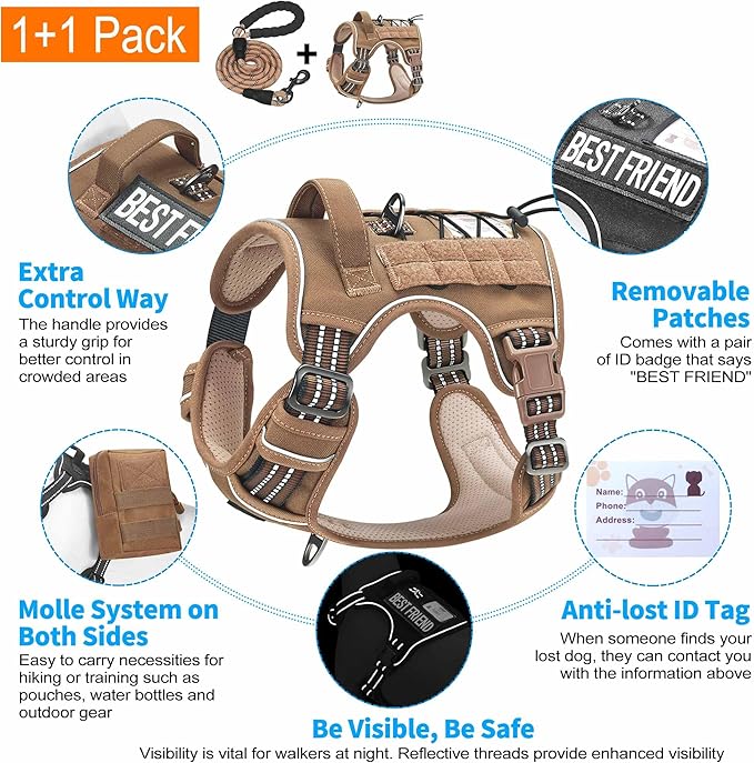 Beebiepet Heavy Duty Tactical Dog Harness for Small Dogs, No Pull Adjustable Pet Harness Reflective Service Training Easy Control Pet Vest Military K9 Working Dog Harnesses- Large, Brown