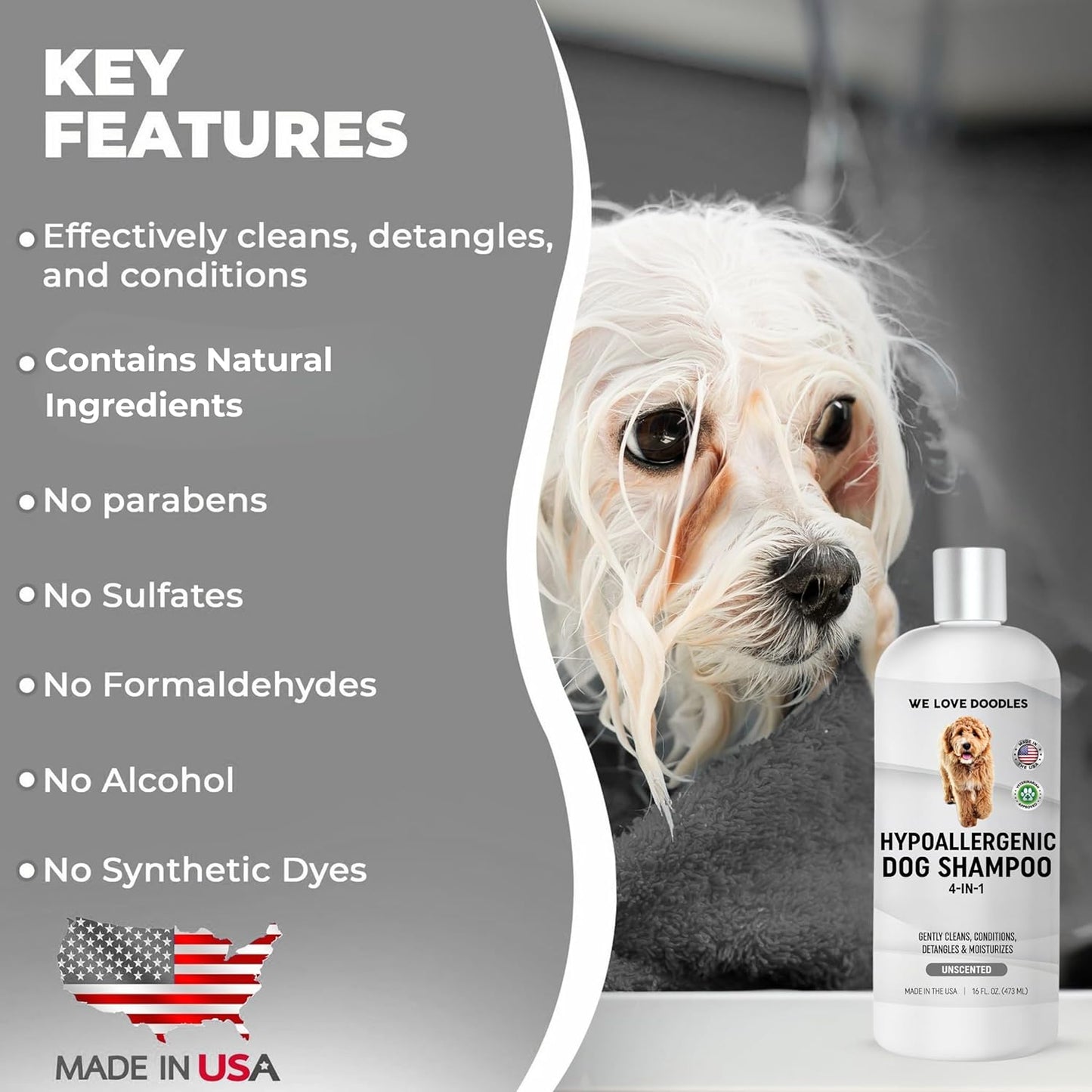 Hypoallergenic Dog Shampoo, Conditioner, and Detangler | Made in USA | Eco-Friendly Ingredients | Shampoo for Dogs with Sensitive Skin & Allergies | 16 OZ [We Love Doodles]