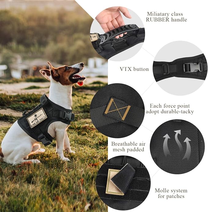 Tactical Dog Vest Harness, Outdoor Training Service Dog Vest Adjustable Military Working Dog Vest with Molle System and Rubber Handle (S=19.7"-22.8" Chest (Adjustable), Black)