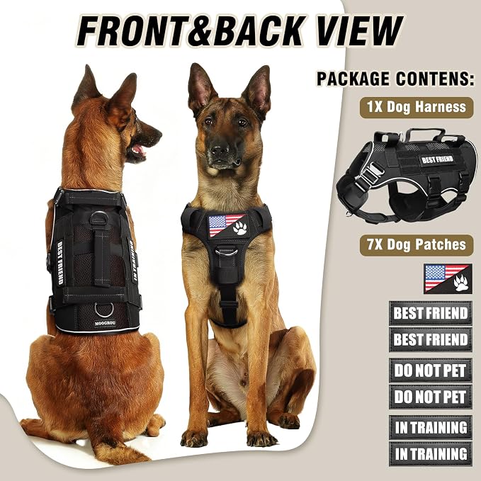 Air Mesh Tactical Dog Harness with Metal Buckles&MOLLE,Black Large | Breathable Adjustable No Pull Service Dog Vest with 3 Padded Handles,Military Dog Harness for Training Hiking Hunting Working