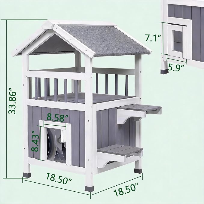 GEGURI Outdoor Cat House Weatherproof, Wooden Two-Story Feral Cat Shelter with, Escape Door, Balcony