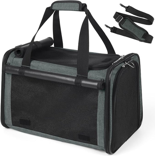YUDODO 25lbs Cat Carrier Lightproof Soft Sided Pet Carrier for Large Cat & Small Dog Airline Approved Travel Puppy Carriers with Side Pockets & Reflective Mesh Foldable Portable for Outdoor Grey Green