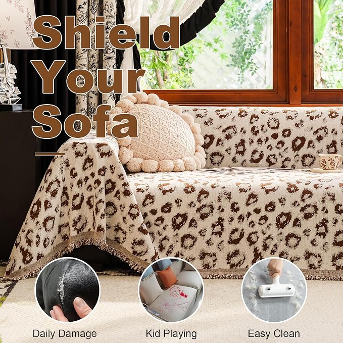 VClife Boho Couch Cover, Cute Animal Cheetah Throw Cover for Couches, Extra Large Couch Covers for 3 Seaters, Non Slip Couch Slip Cover for Dog Versatile Furniture Protector, Brown, 71''x150''