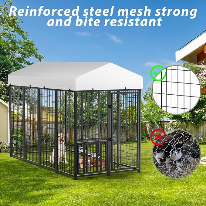 LOVMOR 8' x 4' Outdoor Dog Kennel with Roof for Large Dogs | Heavy duty steel frame, waterproof canopy, double latch door, adjustable feeding bowls for yards and patios