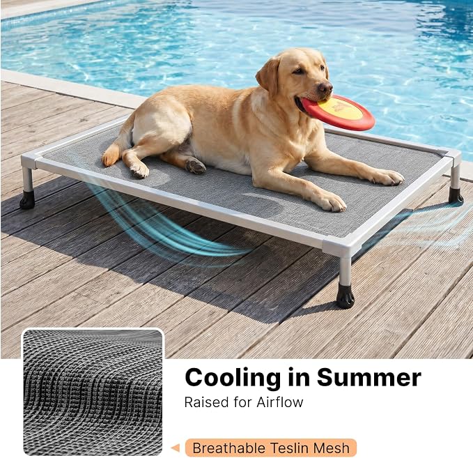 Veehoo Chew Proof Elevated Dog Bed, Silver Aluminum Dog Cot, Pre-Assembled | Cooling Raised Dog Bed for Large Dogs, Indestructible Dog Bed for 42" Crate, Breathbale, Non-Slip Feet, Indoor Outdoor