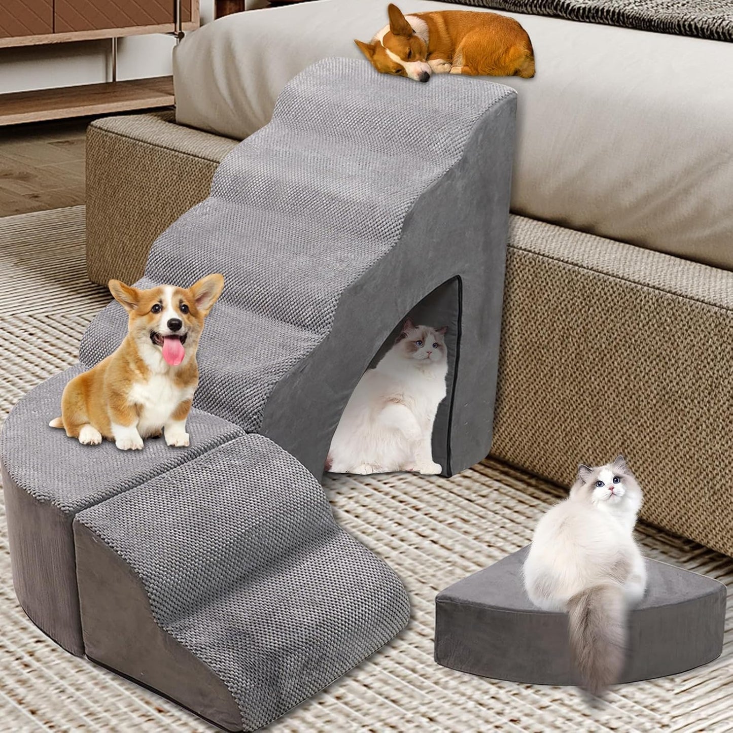 Foam Dog Stairs & Steps Ramps for High Beds 30 inches Tall for Small Dogs and Cats, LitaiL 6 Step Pet Stairs Steps for High Beds 30 inch Large Dogs, Non-Slip Dog Ramps for Older Cat