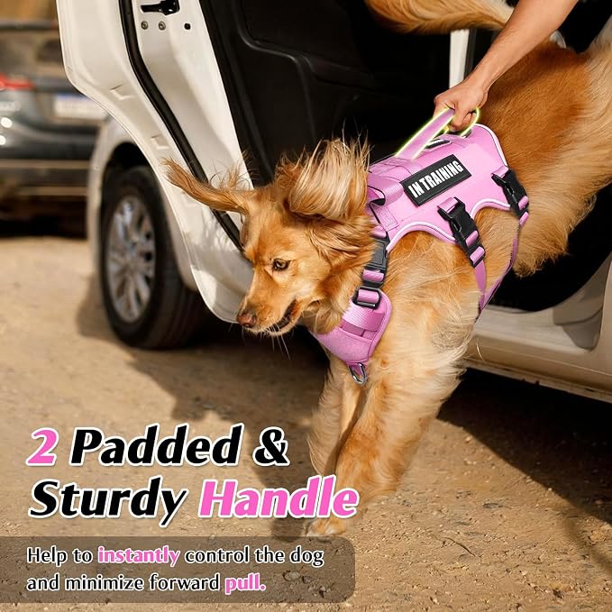Escape Proof Dog Harness with Double Handle+4 Removable Patches | Service Working Molle Harness with Double Handle for Large Dogs, Tactical Pet Reflective Vest for Walking Hiking Hunting