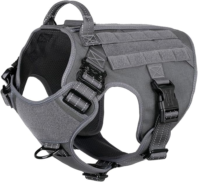 ICEFANG Tactical Dog Harness for X-Large Dogs,Reflective No Pull Dog Vest | with Control Handle,Adjustable,Front Hook,2 Leash Clips,Soft Padded,MOLLE Panel,Grey,X-Large