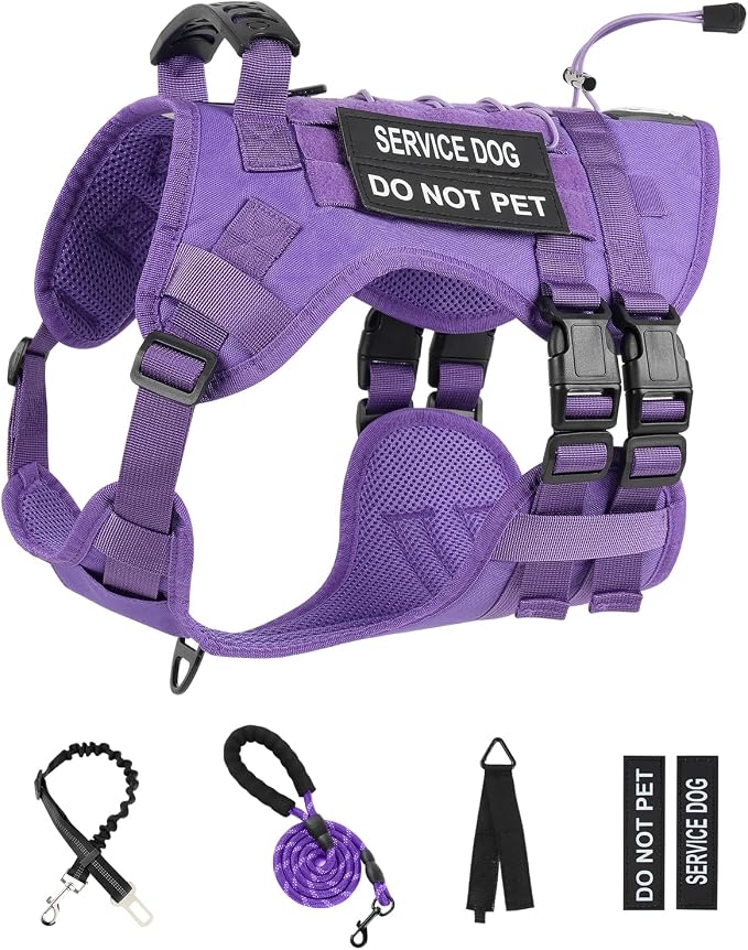 No Pull Tactical Dog Harness Small Sized Dog, Service Dog Vest, S,Purple | Tactical Dog Vest Harness and Leash Set, Adjustable Military Service Dog Harness with Handle for Medium Large Dogs