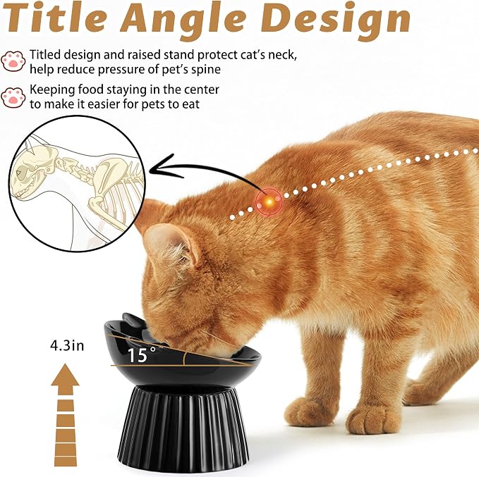 Ceramic Raised Cat Bowl，Tilted Raised Bowl Anti Vomit Bowls for Indoor Cats Whisker Friendly Pet Feeder for Cats Puppies, Microwave and Dishwasher Safe