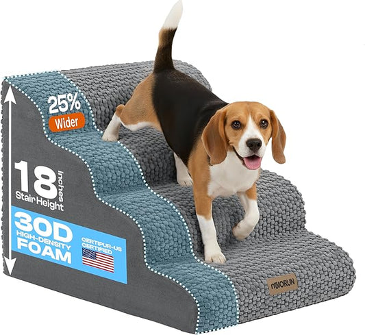 Extra Wide 4-Step Dog Stairs for Bed & Couch 18" H, More Stable Non-Slip Pet Steps with Balanced Foam Structure and Gentle Slopes, Stylish Indoor Dog Steps for Small & Medium Dogs, Gray