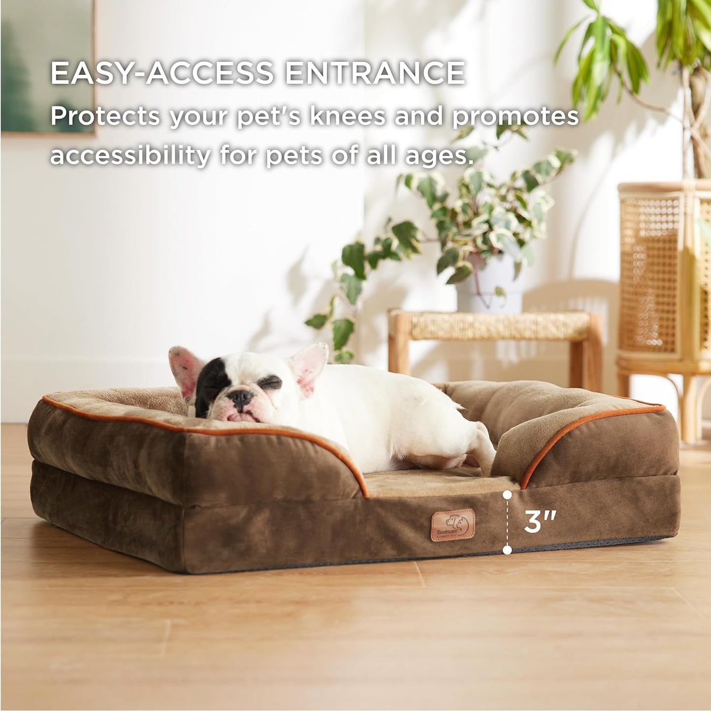 Bedsure Orthopedic Dog Bed Medium Size Dogs - Washable Medium Dog Cat Bed Waterproof, Comfort Pet Couch Sofa with Washable Removable Cover, Pets Bed with Nonskid Bottom, Brown, 28"