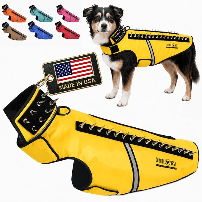 CoyoteVest SpikeVest Dog Harness, Made in the USA, L-Yellow | Stab-Resistant Protective Vest | Coyote Vest for Dogs | Defends Against Coyotes, Dogs, Birds of Prey | Reflective Safety