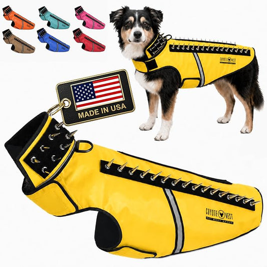 CoyoteVest SpikeVest Dog Harness, Made in the USA, L-Yellow | Stab-Resistant Protective Vest | Coyote Vest for Dogs | Defends Against Coyotes, Dogs, Birds of Prey | Reflective Safety