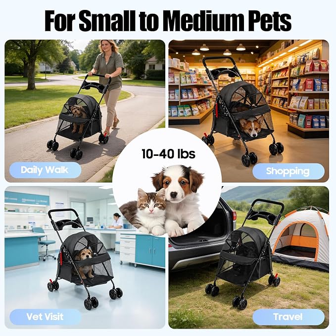 Pet Stroller for Small Medium Dogs Cats, Lightweight Foldable Pet Wagon with 360° Front Wheels & Brake, 40 lbs Capacity Carrier for Park Travel Shopping, Breathable Mesh Basket (Black)