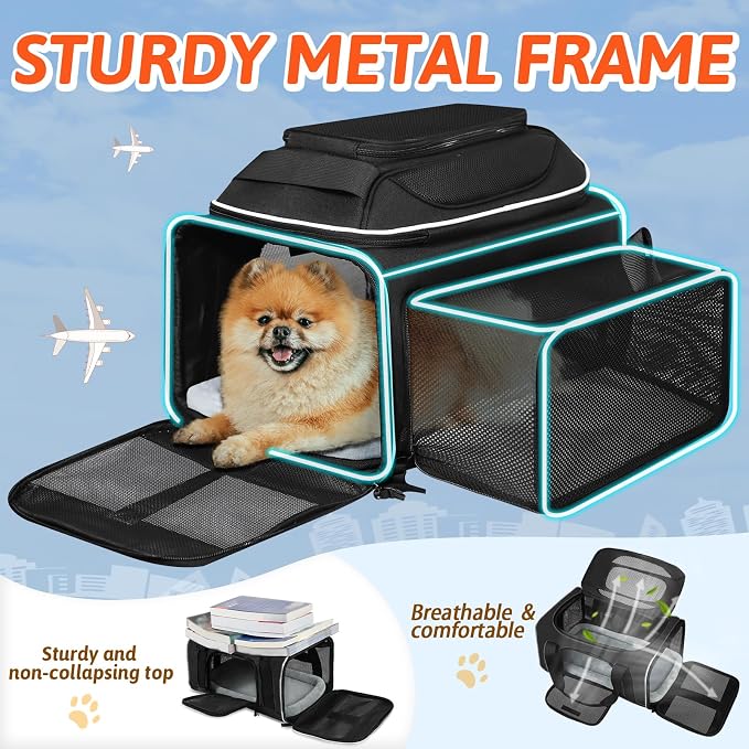 Petskd Top and Side Expandable Pet Carrier 18x11x11 Inches Delta United Airline Approved, Soft-Sided Carrier for Small Cats and Dogs with Locking Safety Zippers and Anti-Scratch Mesh(Black)