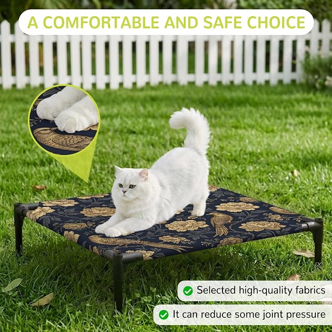Outdoor Elevated Dog Bed for Small Dogs, Vintage Flowers Breathable Cooling Raised Dog Cot for Indoor/Outdoor, Birds on Branch Floral Elegant Plants Waterproof Elevated Pet Beds, S 20 x 20 in