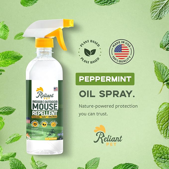 Reliant Pet Peppermint Oil Mouse Repellent Spray - 16oz - Plant Based Mice Deterrent for Indoor & Outdoor Use - Pest Control for Home, Car Engines, RV - Made in USA