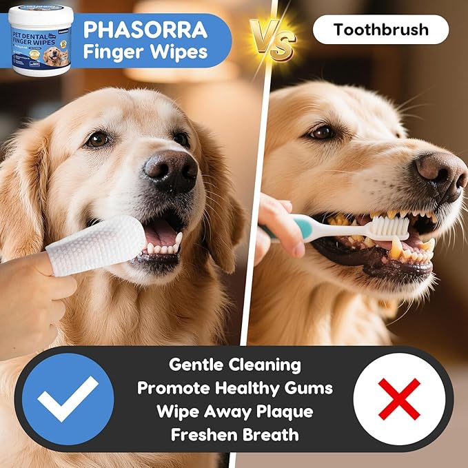 Dog Dental Care Wipes - 60Ct Tooth Brushing kit, Heavy Duty Teeth Cleaning for Dogs & Cats, Remove Tartar & Plaque, Dog Breath Freshener, Dog Toothbrush & Toothpaste Alternatives (Coconut)