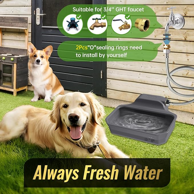 FICUSWIN Automatic Water Dispenser for Large Dogs Patented Fit 3/4in GHT Male Faucet Outdoor Animal Water Bowl Include Water Valve, 5ft Water Hose, Copper Connector