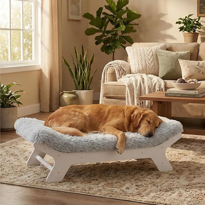 Elevated Wood Dog Bed Frame Mat Set, Whitecolor, X-Large | Raised Sturdy Attractive Dog Sofa Couch Furniture,110 lb