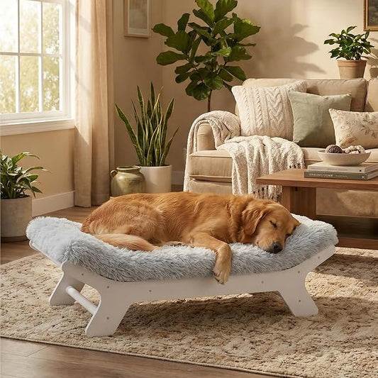 Elevated Wood Dog Bed Frame Mat Set, Whitecolor, X-Large | Raised Sturdy Attractive Dog Sofa Couch Furniture,110 lb