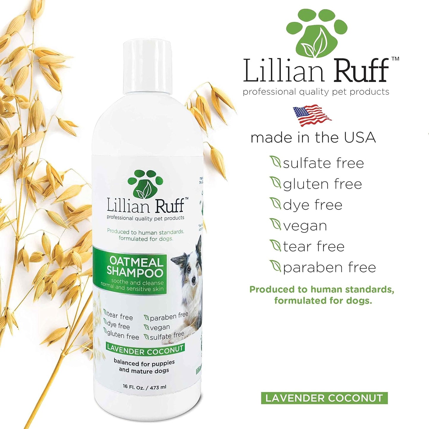 Lillian Ruff Calming Oatmeal Pet Shampoo for Dry Skin & Itch Relief with Aloe & Hydrating Essential Oils - Replenish Moisture & Deodorize - Tearless Dog Shampoo for Normal/Sensitive Skin (16oz)
