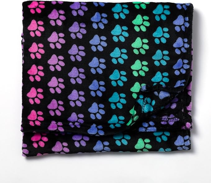 Pet Dog Cat Blanket Ultra Soft Cozy Fleece Paw Print Design Machine Washable Durable for Crates Beds Sofas Travel (Rainbow Paws, Medium)