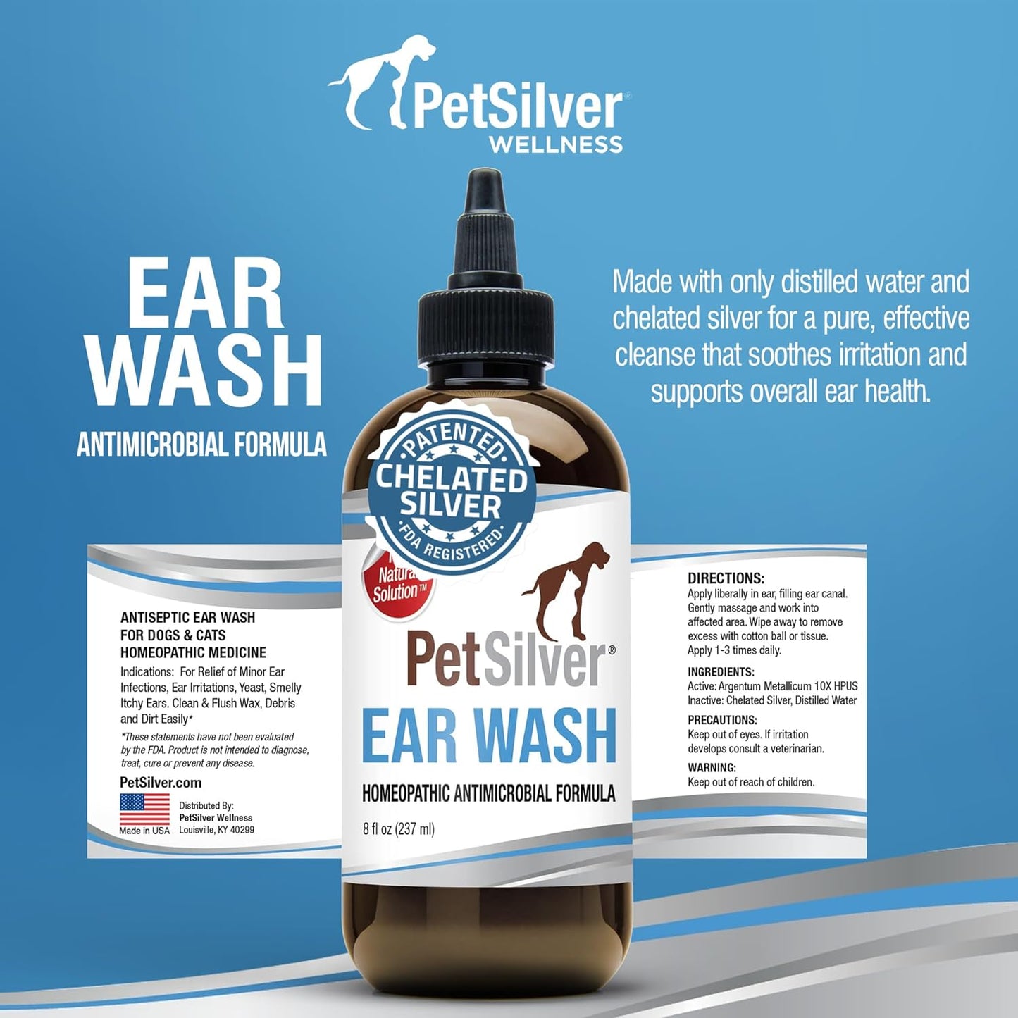 PetSilver Ear Cleaner for Dogs & Cats – Gentle Otic Rinse with Chelated Silver Formula – Supports Clear, Comfortable Ears – Easy to Use – Thoughtfully Made in The USA with Care – 8 fl oz