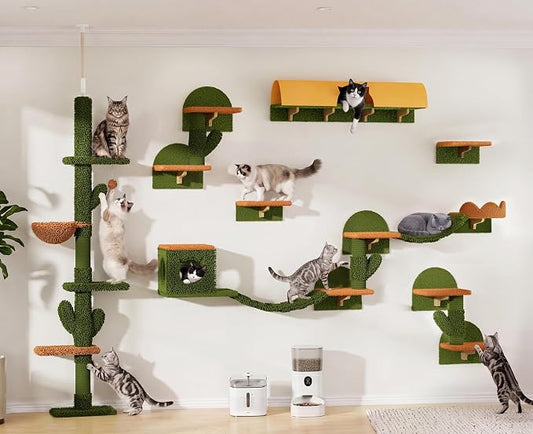 Cactus Floor to Ceiling Cat Tower, 17-in-1 Cat Wall Shelves, Green | Cat Tree with Adjustable Height(87-104 IN), Cat Climbing Wall Furniture Set for 16 Inch Drywall, with Scratching Post, Tunnel