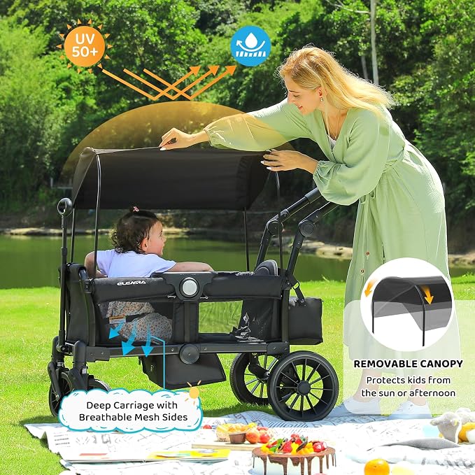 ELEMARA Foldable Wagon Stroller, Stroller Wagon for 2 Kids, Premium All Terrain Wagon for Kids with Removable Canopy, Adjustable Push/Pull Handle, Harnesses, Large Storage Bag, Black
