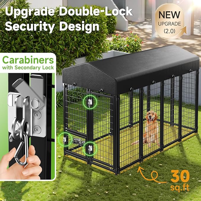 Dog Kennel Outdoor, Weatherproof Outside Dog Kennel with Roof & Swivel Feeders and Removable Dog Door, Heavy Duty Outdoor Kennels Dog Enclosure Run for Medium Large Dogs (8'L x 4'W x 6'H)