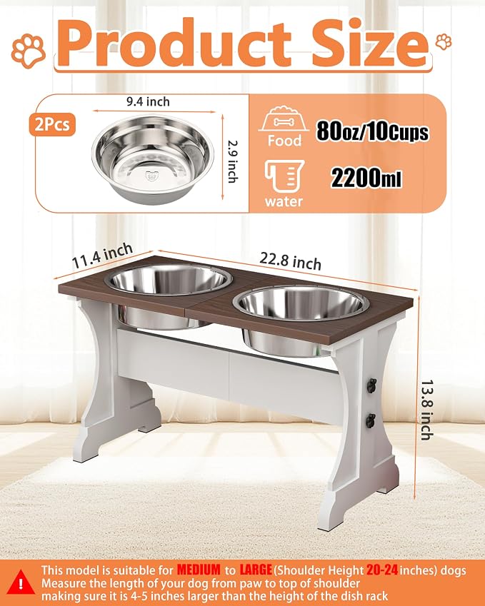 Piskyet Elevated Dog Bowls,Dog Bowl Stand, 9Cups 13.8"H_80oz Bowl-Farmhouse | Farmhouse Dog Bowls Stand, Raised Dog Bowl with 2 Stainless Steel Wooden Dogs Bowls for Medium Large Size Dogs