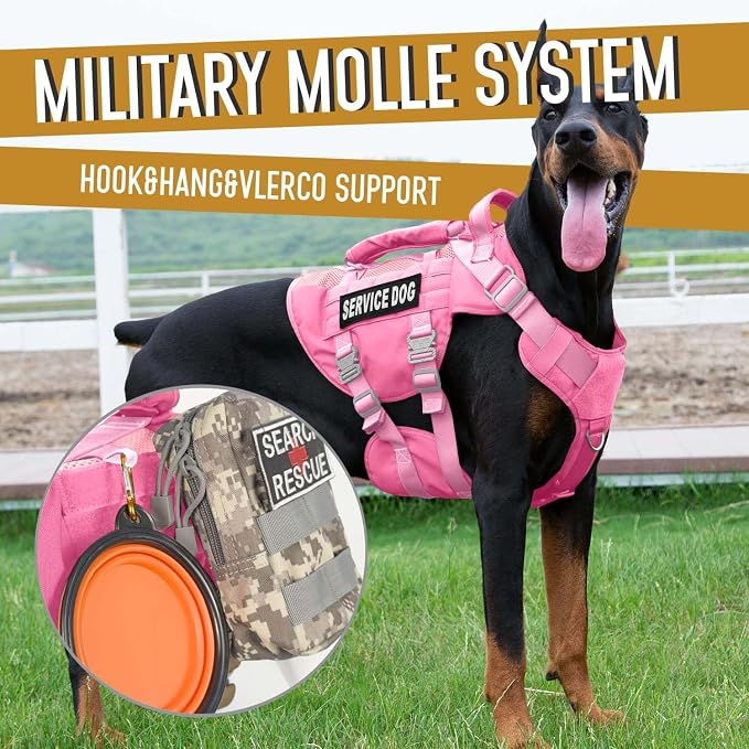 Service Dog Vest for Large Dogs, Pink Tactical Harness with Military MOLLE, Breathable Mesh & 39g Metal Buckle - Size M for Training & Hiking