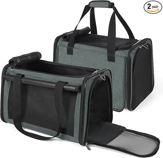 YUDODO 2 Packs 25 lbs Lightproof Soft Sided Pet Carrier for Large Cat & Small Dog Airline Approved Travel Bag Puppy Carriers with Side Pockets & Reflective Mesh, Foldable Portable for Car 2 Grey Green
