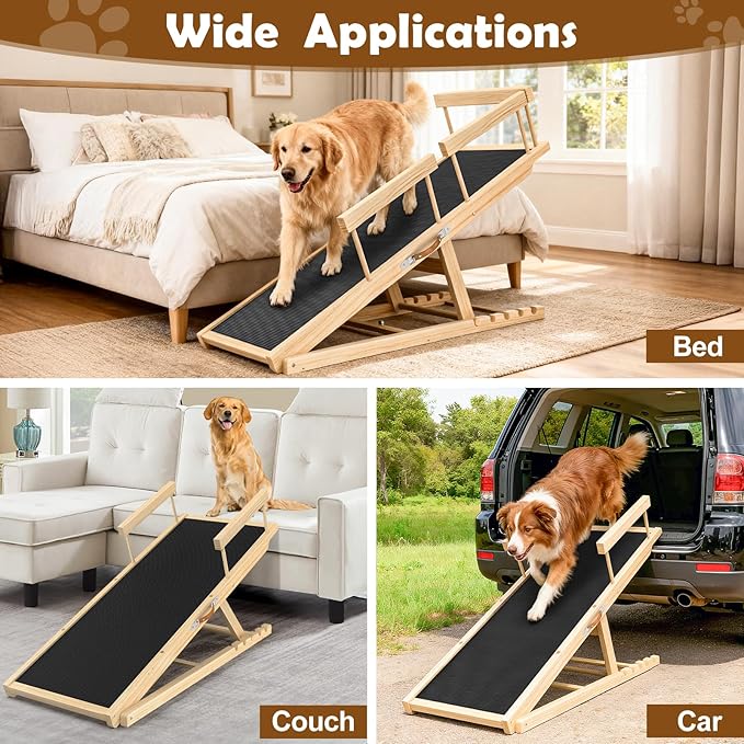 55" Adjustable Dog Ramp for Bed, Upgraded Wooden Pet Ramp with Non-Slip Silicone Surface and Side Rails, Height Settings (19.68-27.55"), Holds Up to 250lb, Portable Pet Stairs for Senior & Large Dogs