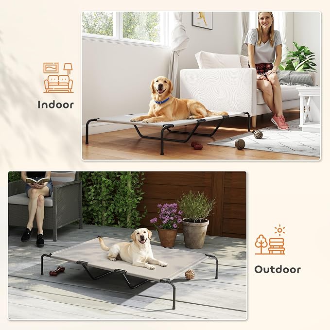 PawHut Elevated Dog Bed for Large Breeds Easy to Assemble 60" L Beige | Outdoor Dog Bed, No Tools Required, Portable Raised Pet Cot, Steel Frame and Breathable Mesh