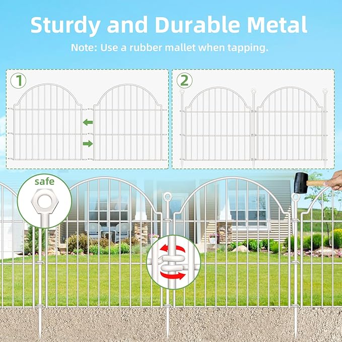 10 Panels No Dig Decorative Garden Fence for Yard, 24in (H) x 20ft (L) Rustproof Metal Wire Panel Border Animal Barrier Fencing for Dog, Rabbits, Flower Bed Edging Ornamental with Ground Stake, White
